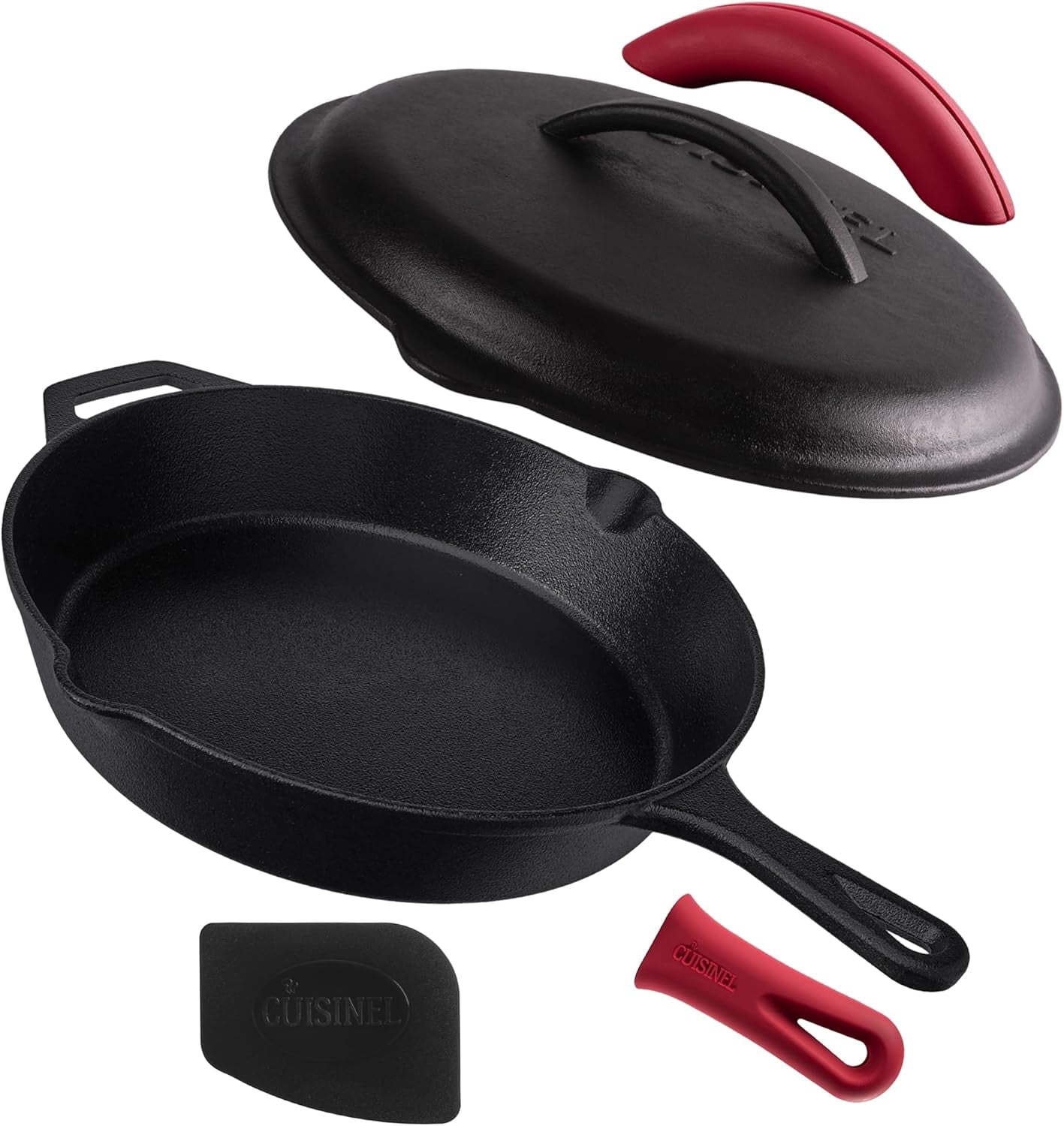 Cast Iron Skillet Set - 8"+10"+12"-Inch Dual Handle Frying Pans + Glass Lids + Silicone Handle Holder Covers - Pre-Seasoned Oven Safe Cookware - Indoor/Outdoor Use - Grill, Stovetop, Induction Safe