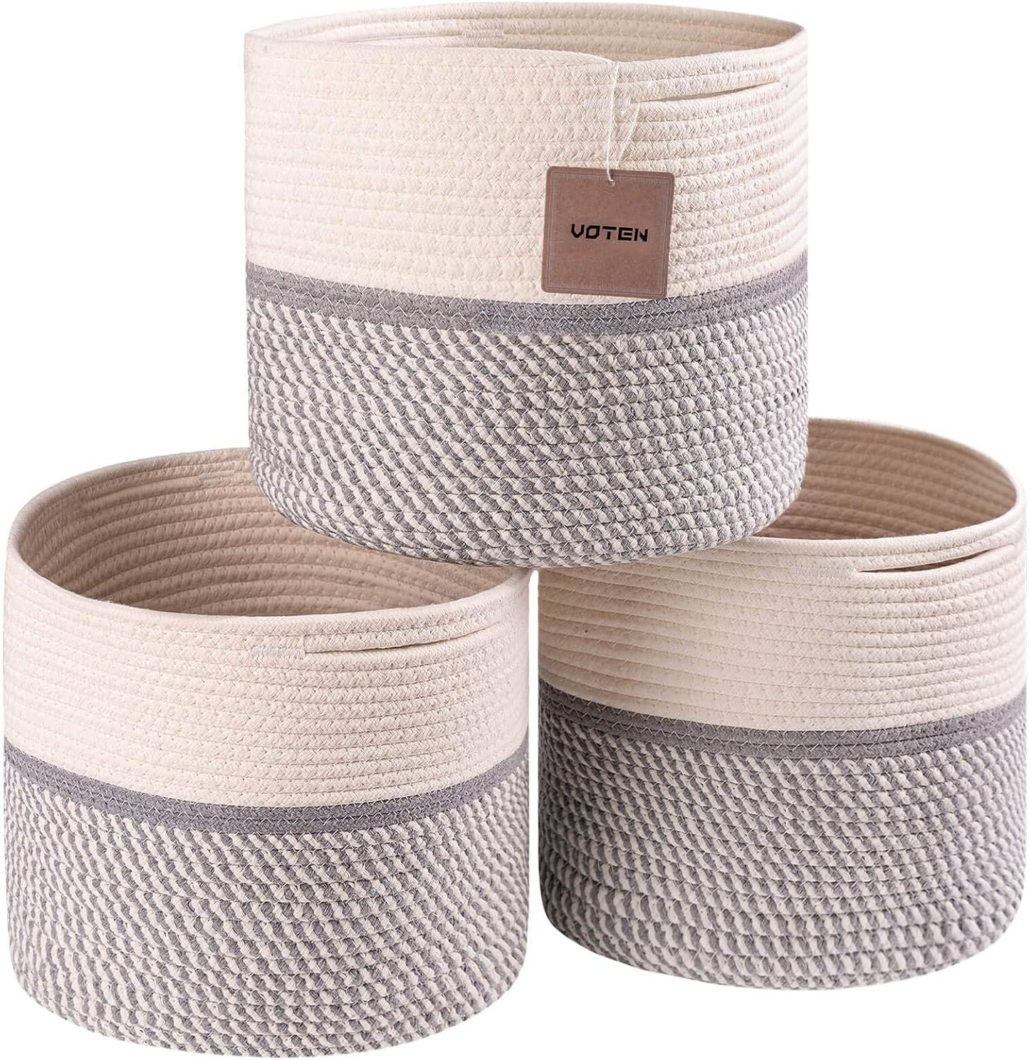Woven Cotton Rope round 11X11X11'' Storage Cubes Baskets Bins Organizer, 3-Tone Gray, 3-Pack