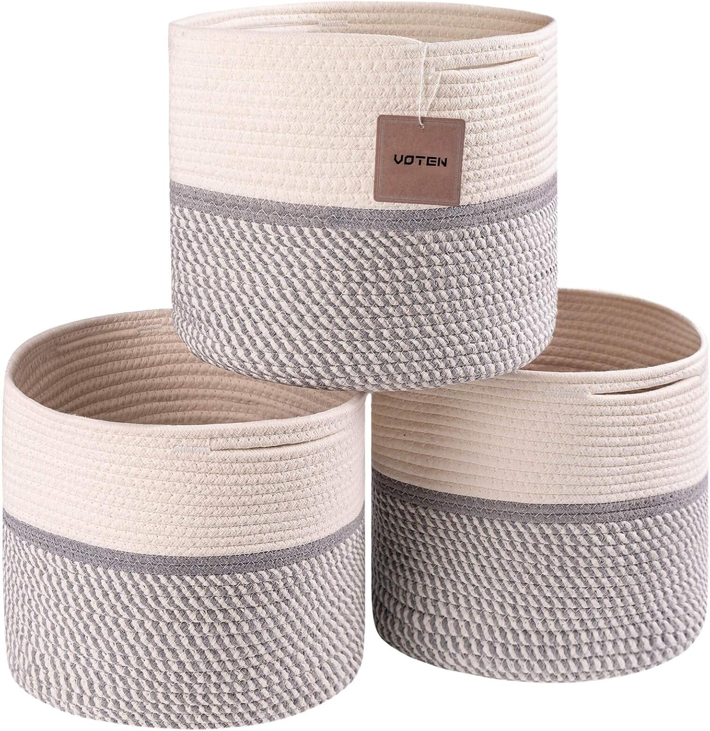 Woven Cotton Rope round 11X11X11'' Storage Cubes Baskets Bins Organizer, 3-Tone Gray, 3-Pack