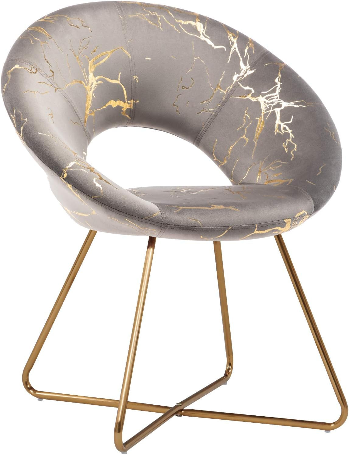 Modern Accent Velvet Chairs Dining Chairs Single Sofa Comfy Upholstered Arm Chair Living Room Furniture Mid-Century Leisure Lounge Chairs with Golden Metal Frame Legs 1 PCS Grey