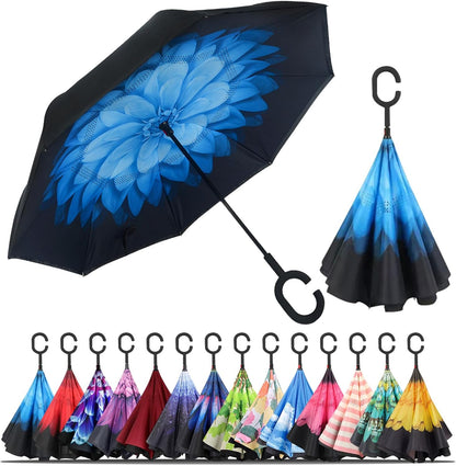 Windproof Inverted Umbrella, Large Reverse Umbrellas for Rain with C-Shaped Handle Big Upside down inside Out Umbrella for Women & Men