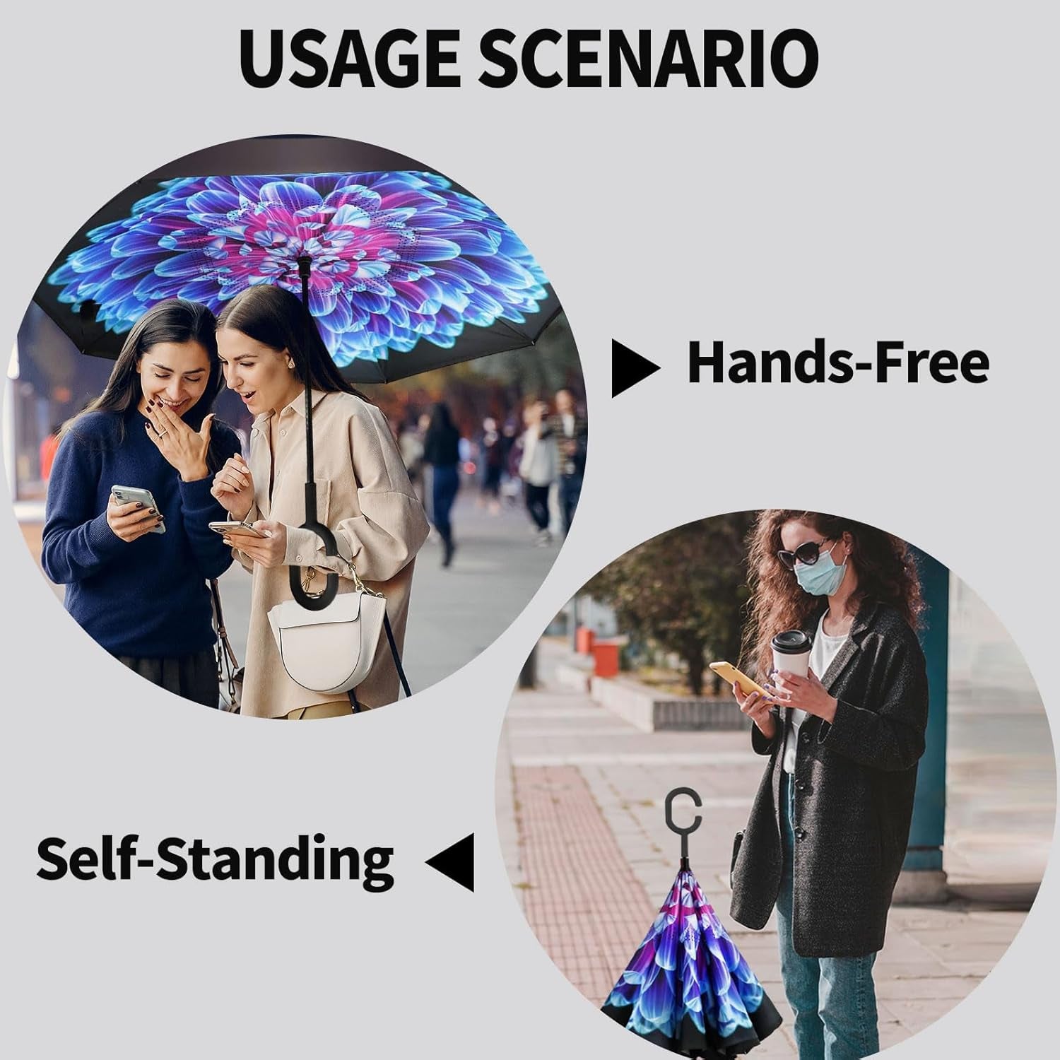 Windproof Inverted Umbrella, Large Reverse Umbrellas for Rain with C-Shaped Handle Big Upside down inside Out Umbrella for Women & Men