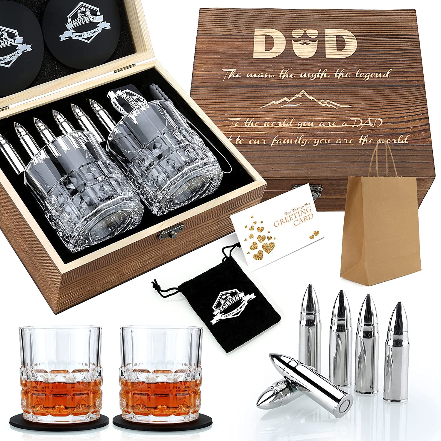 Whiskey Stones Gift Set - Whiskey Glass Set of 2 - Granite Chilling Whiskey Rocks - Scotch Bourbon Box Set -Father'S Day Birthday Gifts for Men Drinking Gift for Dad Him Husband Party Holiday Present