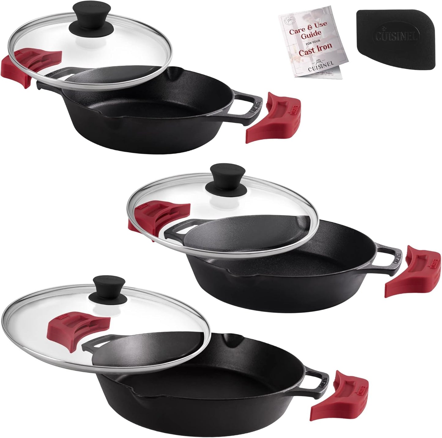 Cast Iron Skillet Set - 8"+10"+12"-Inch Dual Handle Frying Pans + Glass Lids + Silicone Handle Holder Covers - Pre-Seasoned Oven Safe Cookware - Indoor/Outdoor Use - Grill, Stovetop, Induction Safe