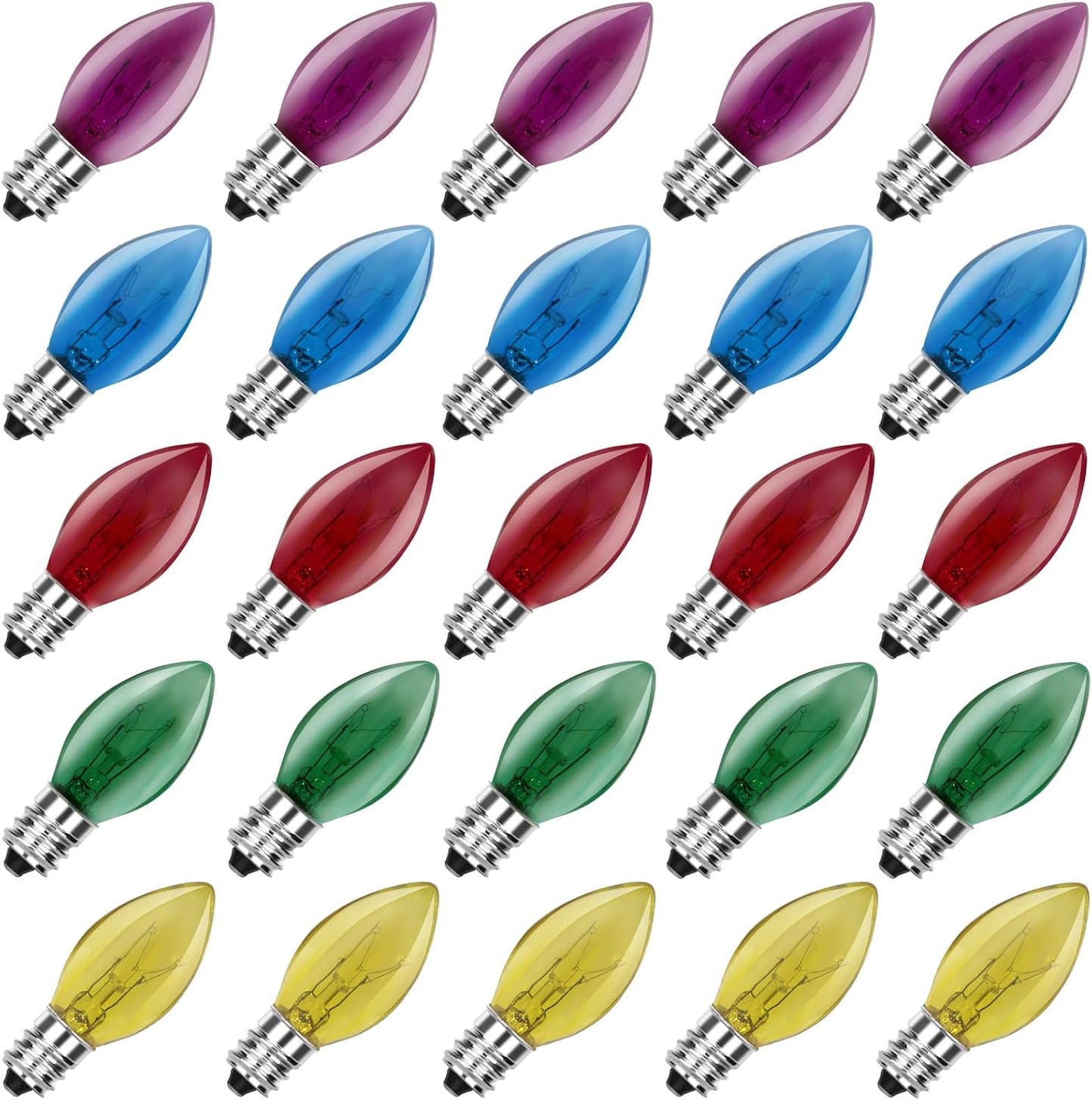 25 Pack C7 Multicolor Christmas Replacement Bulbs, Vintage Multicolor Ceramic Light Bulbs for C7 Christmas String Lights, E12/C7 Candelabra Base, 5 Watt