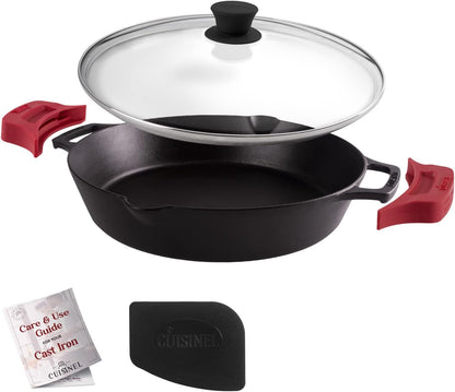 Cast Iron Skillet Set - 8"+10"+12"-Inch Dual Handle Frying Pans + Glass Lids + Silicone Handle Holder Covers - Pre-Seasoned Oven Safe Cookware - Indoor/Outdoor Use - Grill, Stovetop, Induction Safe