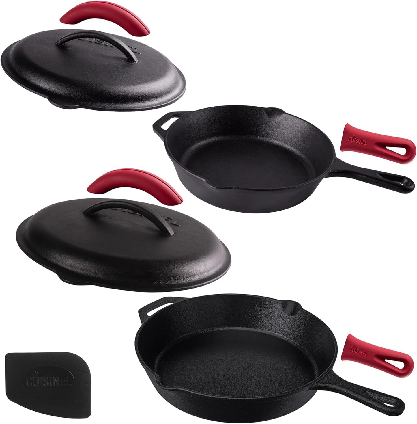 Cast Iron Skillet Set - 8"+10"+12"-Inch Dual Handle Frying Pans + Glass Lids + Silicone Handle Holder Covers - Pre-Seasoned Oven Safe Cookware - Indoor/Outdoor Use - Grill, Stovetop, Induction Safe