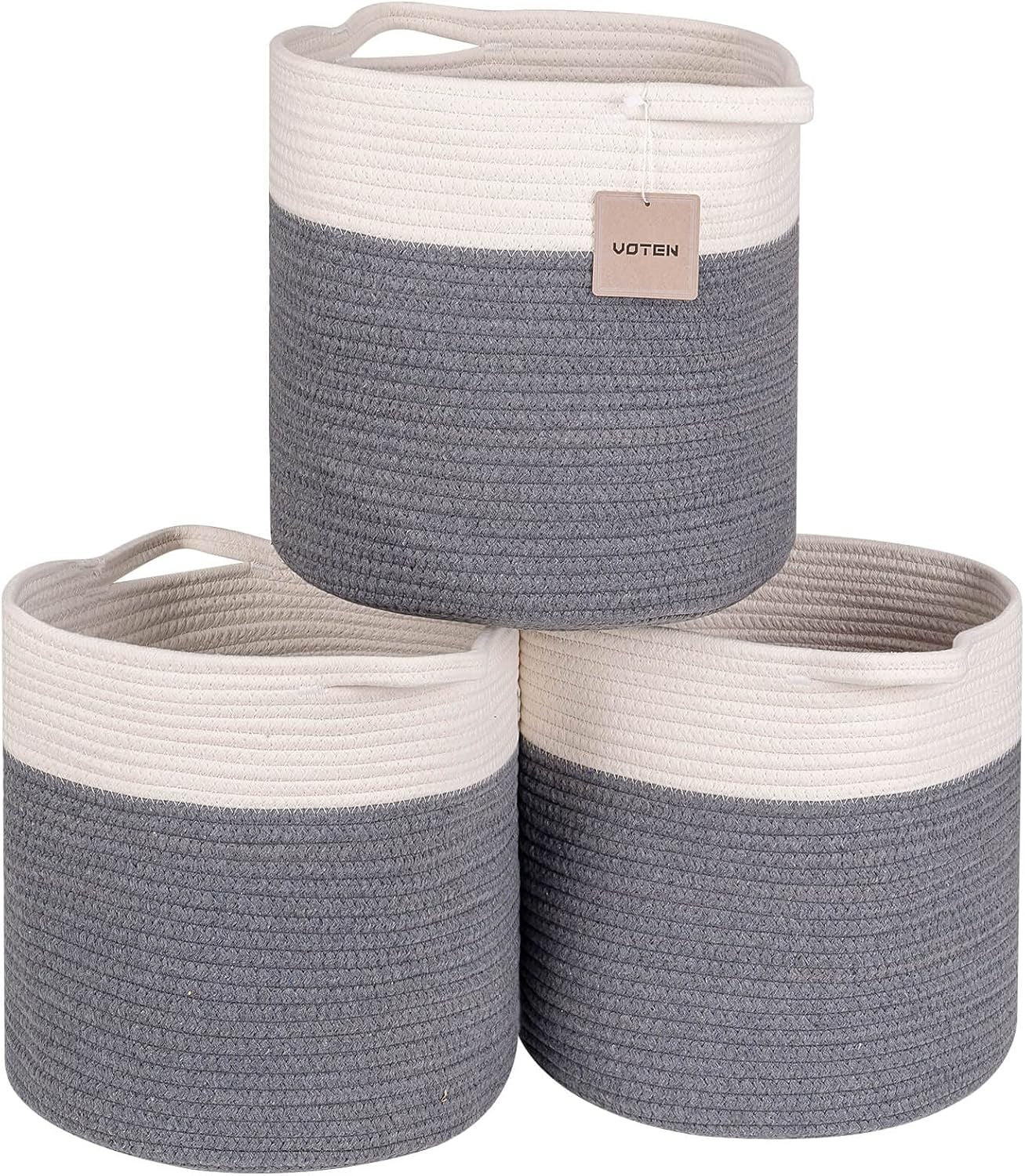 Woven Cotton Rope round 11X11X11'' Storage Cubes Baskets Bins Organizer, 3-Tone Gray, 3-Pack