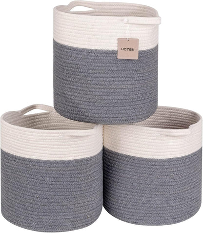 Woven Cotton Rope round 11X11X11'' Storage Cubes Baskets Bins Organizer, 3-Tone Gray, 3-Pack