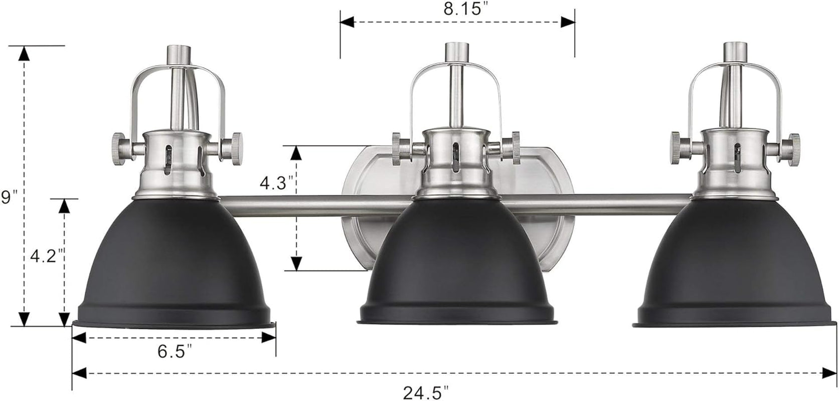 3-Light Bathroom Vanity Light Fixture, Black Finish with Metal Shade, 4054H-A
