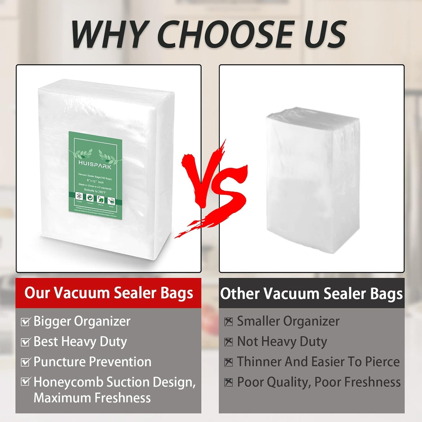 Vacuum Sealer Bags Heavy Duty Pre-Cut Design Commercial Grade Food Sealable 6X8 Inch 100Pcs for Heat Seal Food Storage, Smell Proof Bags Boilsafe to 280°F Freezable