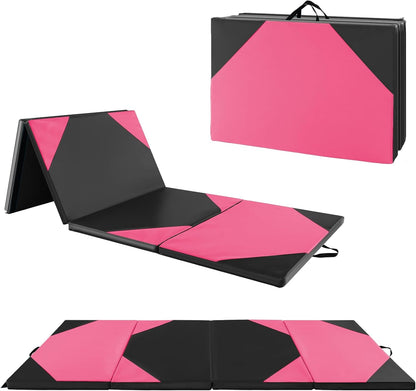4'X10'X 2" Gymnastics Mat, 4-Panel Folding Aerobics Exercise Mat W/Hook & Loop Fastener, Carrying Handle, Portable Tumbling Mat for Stretching Yoga Cheerleading Martial Arts