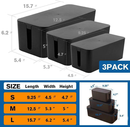 [Set of Three] Cable Management Boxes Organizer, Large Storage Wires Keeper Holder for Desk, TV, Computer, USB Hub, System to Cover and Hide & Power Strips & Cords (Black)