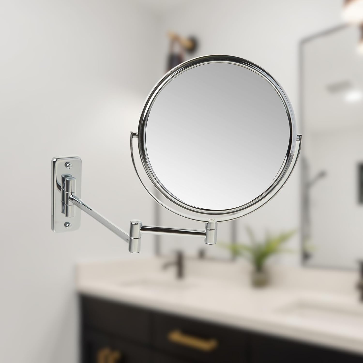 Two-Sided Wall-Mounted Makeup Mirror - Makeup Mirror with 5X Magnification & Wall-Mount Arm - 8-Inch Diameter Mirror with Chrome Finish Wall Mount - Model JP7506CF