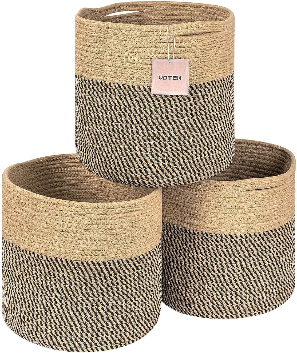 Woven Cotton Rope round 11X11X11'' Storage Cubes Baskets Bins Organizer, 3-Tone Gray, 3-Pack