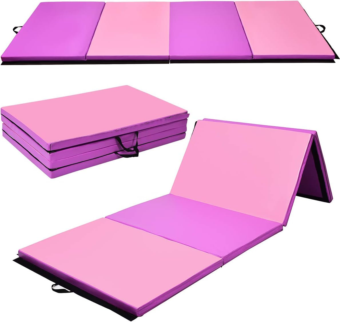 4'X10'X 2" Gymnastics Mat, 4-Panel Folding Aerobics Exercise Mat W/Hook & Loop Fastener, Carrying Handle, Portable Tumbling Mat for Stretching Yoga Cheerleading Martial Arts