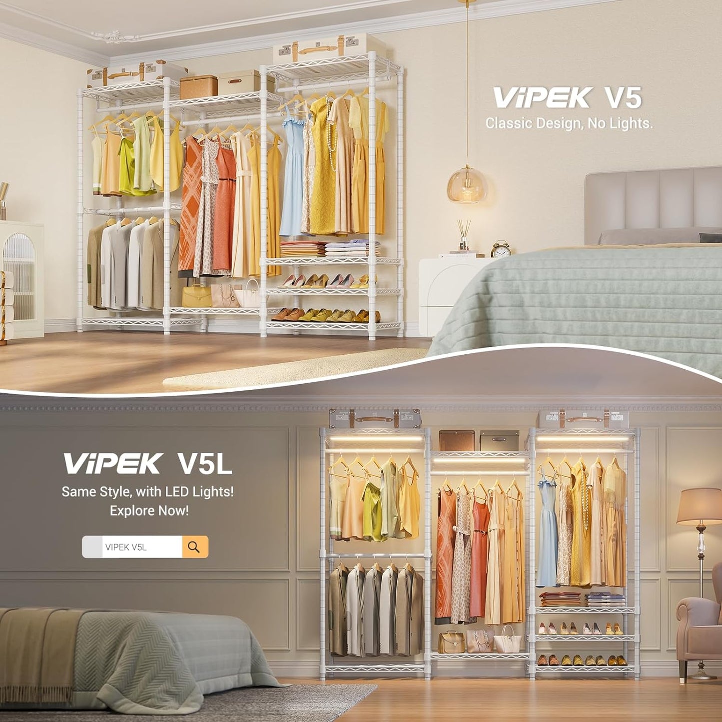 V5 Portable Closet Wardrobe Heavy Duty Clothes Rack, Freestanding Clothing Racks with 4 Hang Rods & 8 Shelves, Adjustable Custom Closet Racks, 68.9" L X 15.7" W X 76.4" H, Max Load 800LBS, White