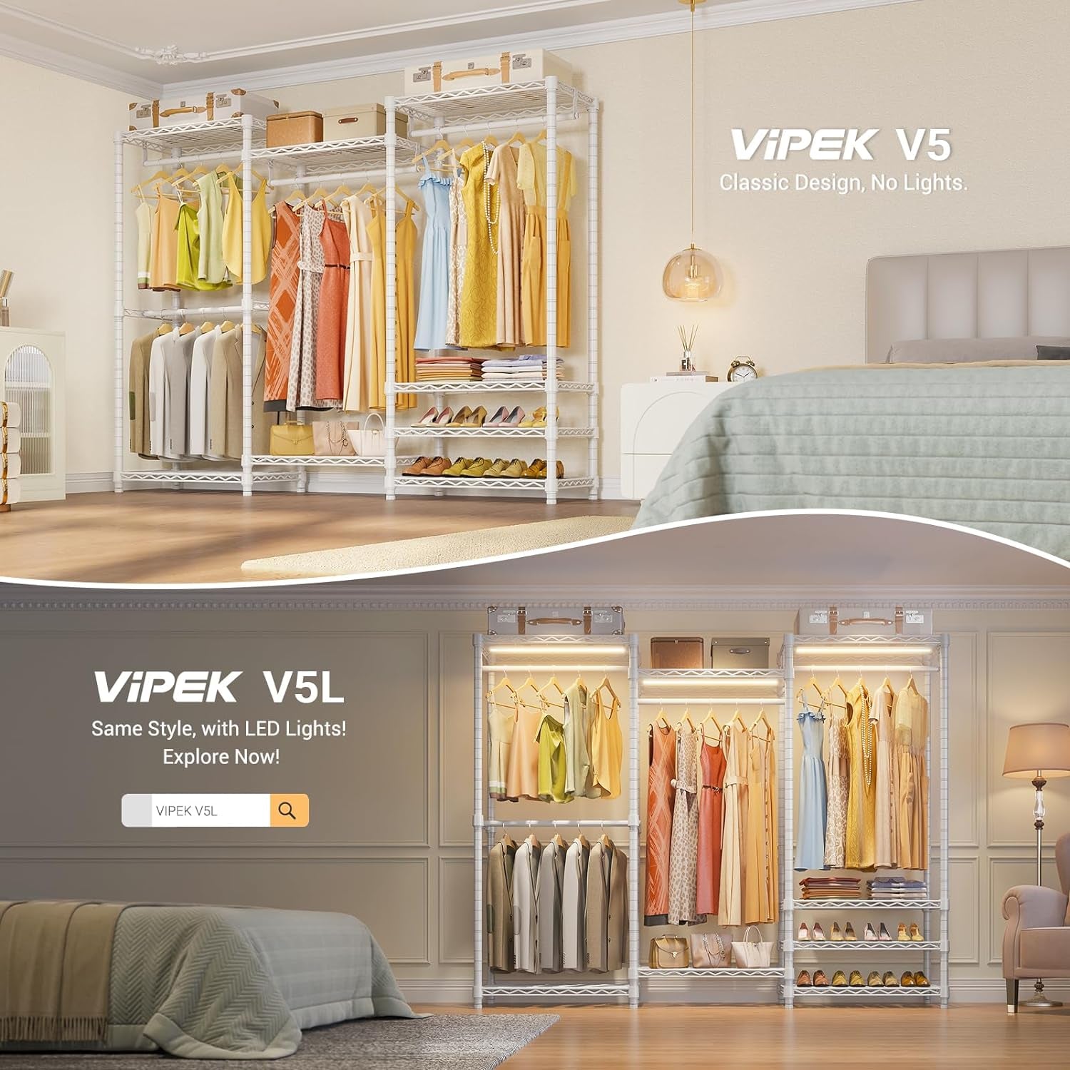 V5 Portable Closet Wardrobe Heavy Duty Clothes Rack, Freestanding Clothing Racks with 4 Hang Rods & 8 Shelves, Adjustable Custom Closet Racks, 68.9" L X 15.7" W X 76.4" H, Max Load 800LBS, White