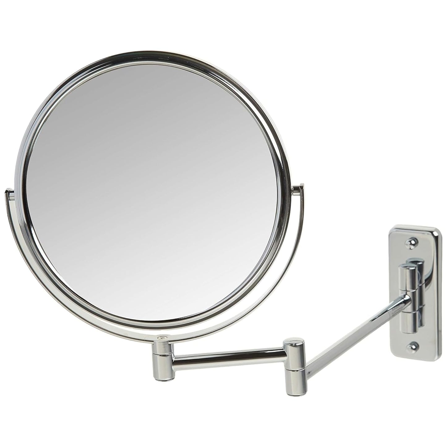 Two-Sided Wall-Mounted Makeup Mirror - Makeup Mirror with 5X Magnification & Wall-Mount Arm - 8-Inch Diameter Mirror with Chrome Finish Wall Mount - Model JP7506CF