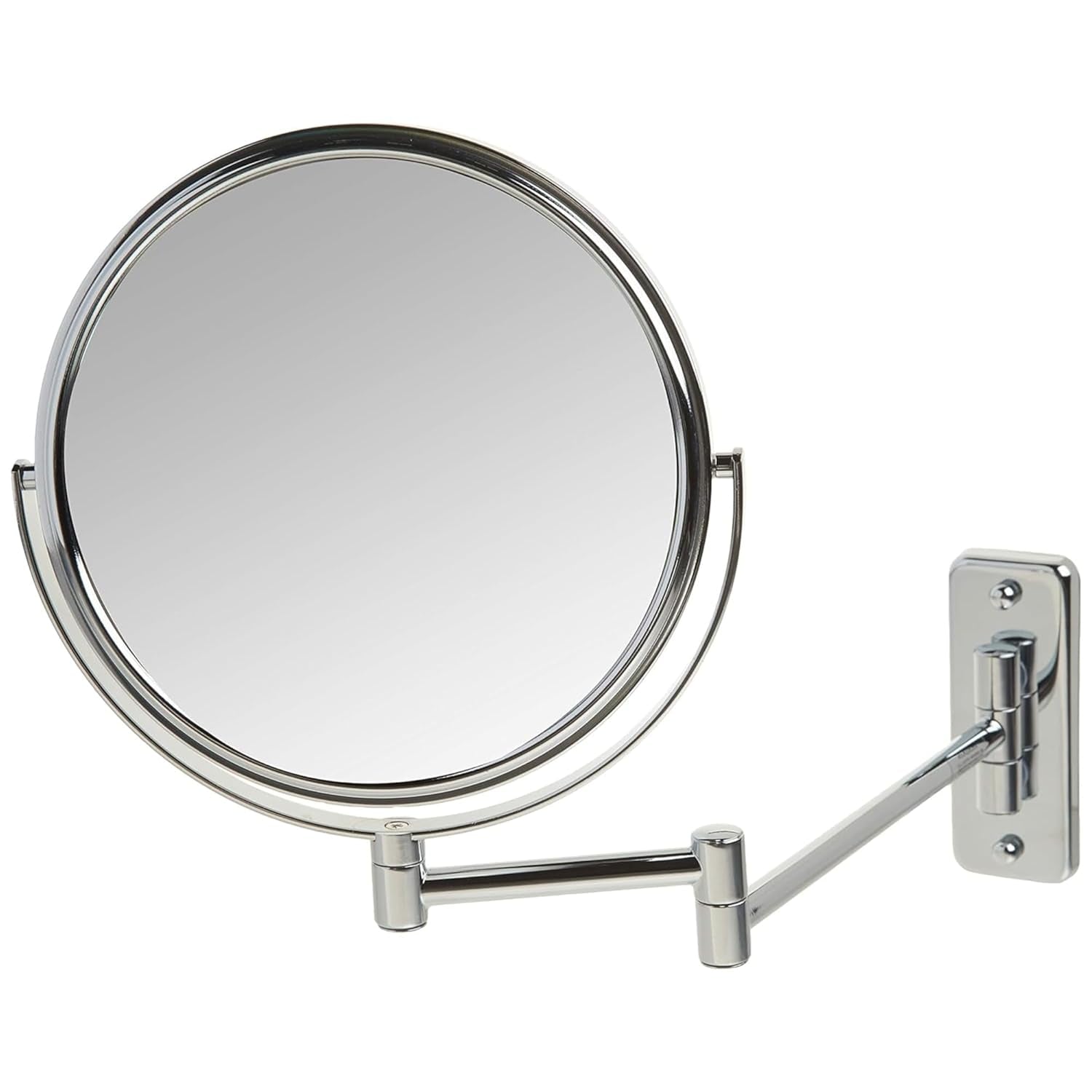 Two-Sided Wall-Mounted Makeup Mirror - Makeup Mirror with 5X Magnification & Wall-Mount Arm - 8-Inch Diameter Mirror with Chrome Finish Wall Mount - Model JP7506CF