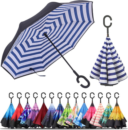 Windproof Inverted Umbrella, Large Reverse Umbrellas for Rain with C-Shaped Handle Big Upside down inside Out Umbrella for Women & Men