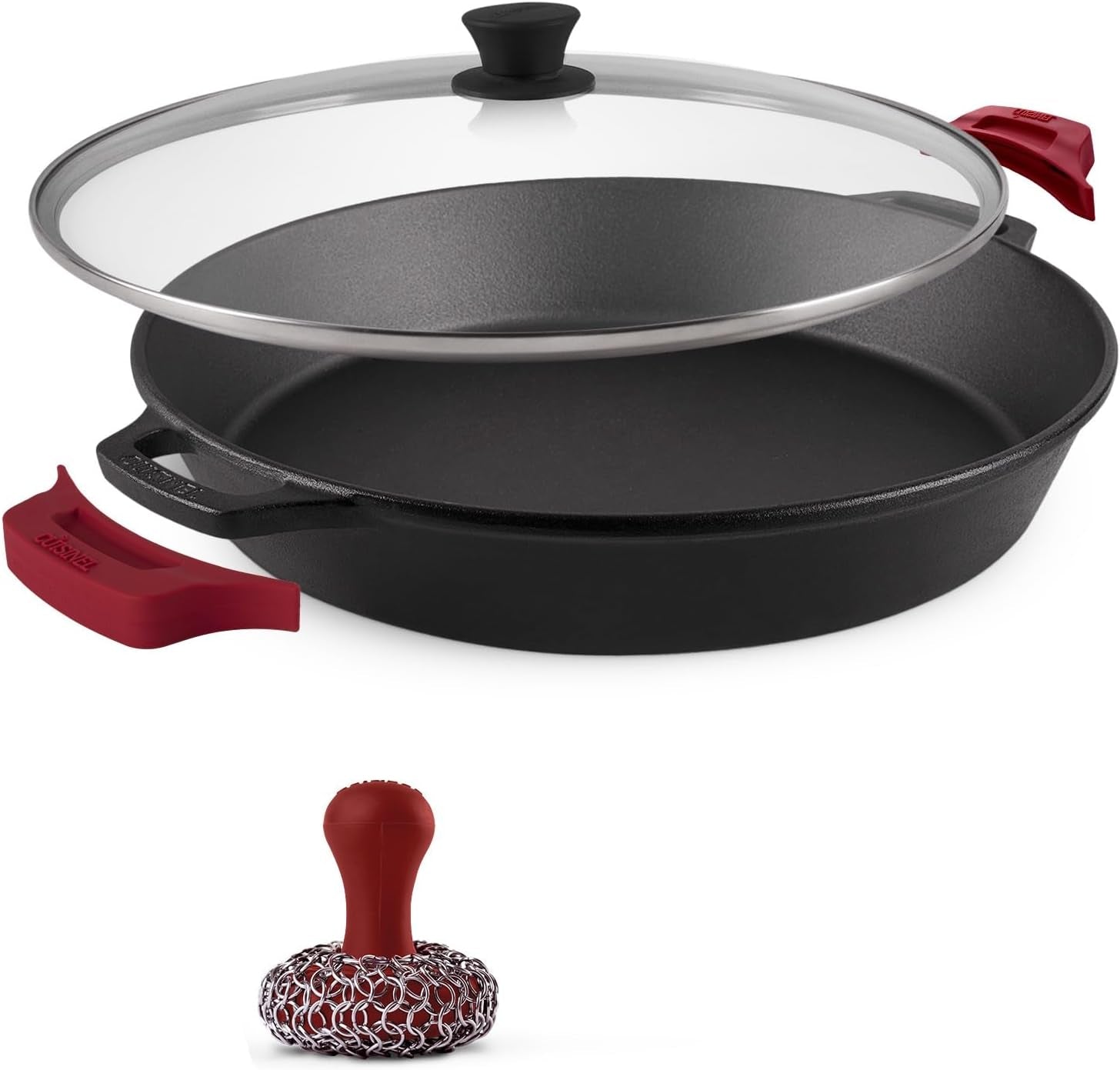 Cast Iron Skillet Set - 8"+10"+12"-Inch Dual Handle Frying Pans + Glass Lids + Silicone Handle Holder Covers - Pre-Seasoned Oven Safe Cookware - Indoor/Outdoor Use - Grill, Stovetop, Induction Safe