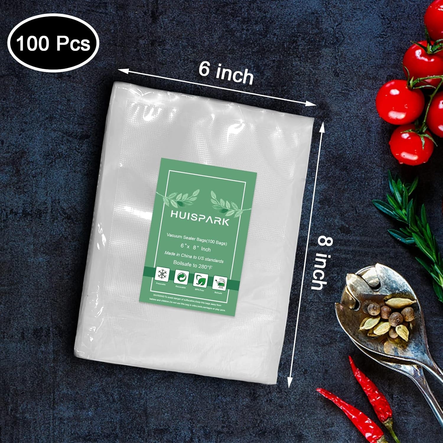 Vacuum Sealer Bags Heavy Duty Pre-Cut Design Commercial Grade Food Sealable 6X8 Inch 100Pcs for Heat Seal Food Storage, Smell Proof Bags Boilsafe to 280°F Freezable