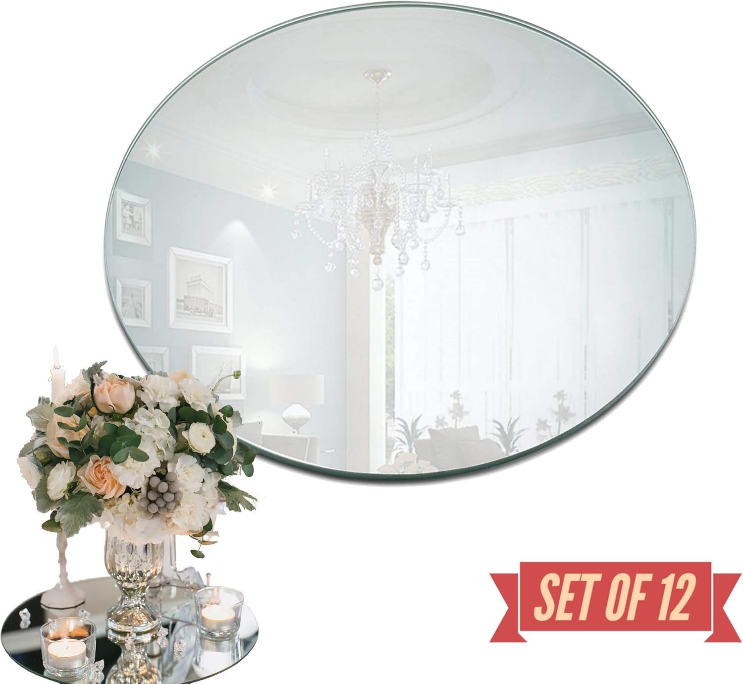 12 Inch round Mirror Plate, Set of 12-1.5Mm Thick Glass Plate Mirror Tiles W/Smooth Edges - Perfect Candle Wedding Centerpiece Table Decorations, Home Accent Wall Decor, & More - PARNOO