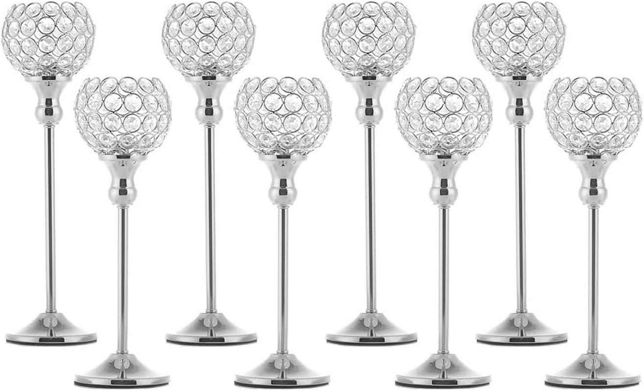 8Packs Candle Holders Bulk Silver Centerpiece Table Decorations,Metal Crystal Candlestick Holders for Wedding Table Party Church Modern Decorative