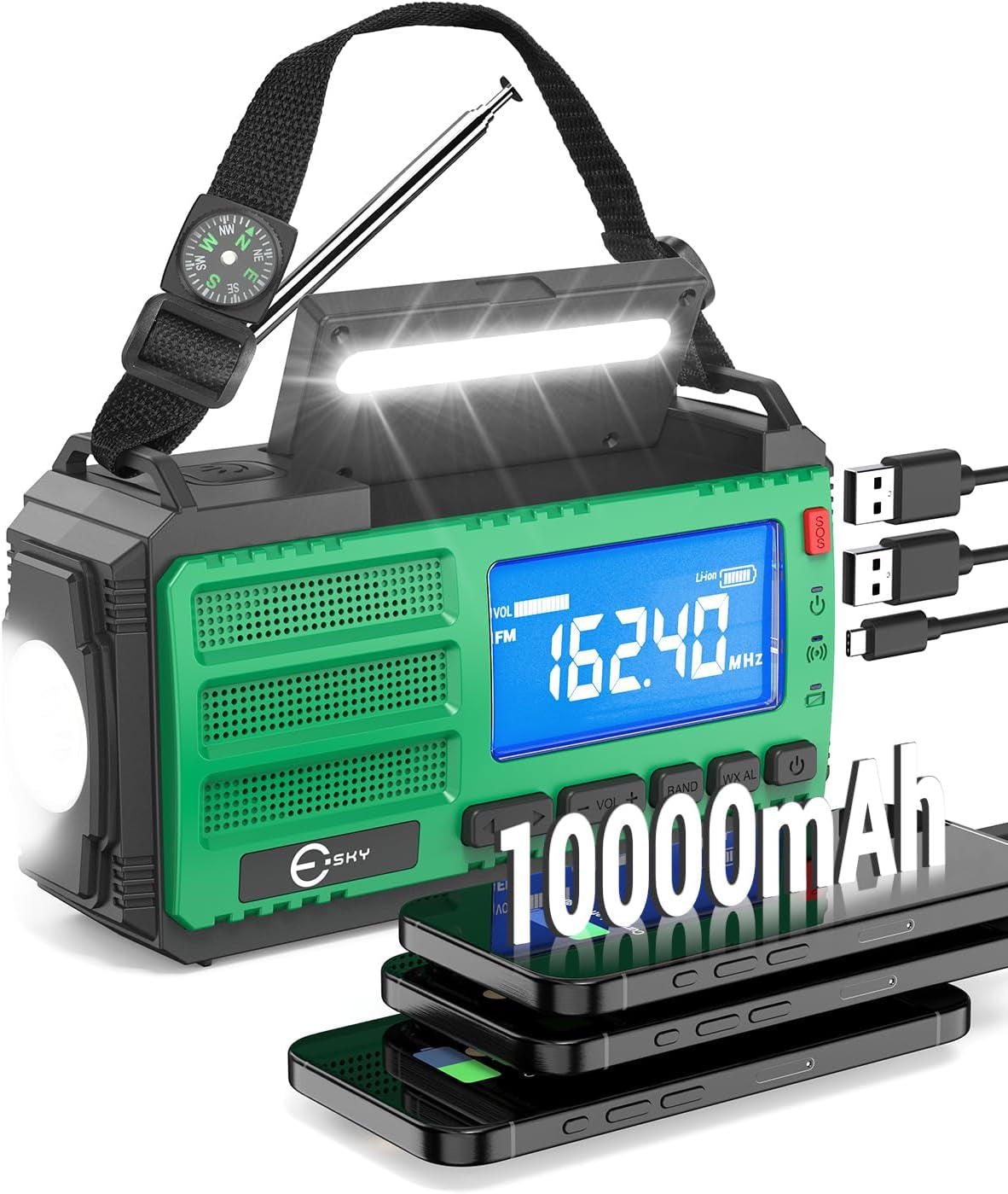 Emergency Hand Crank Radio 7400Mwh with 3 LED Flashlight, AM/FM/NOAA Portable Weather Radio with Power Bank Phone Charger, Solar Powered Rechargeable Radio for Indoor Survival Camping, SOS Alarm