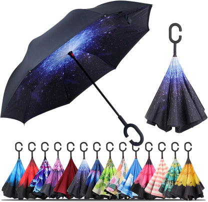 Windproof Inverted Umbrella, Large Reverse Umbrellas for Rain with C-Shaped Handle Big Upside down inside Out Umbrella for Women & Men