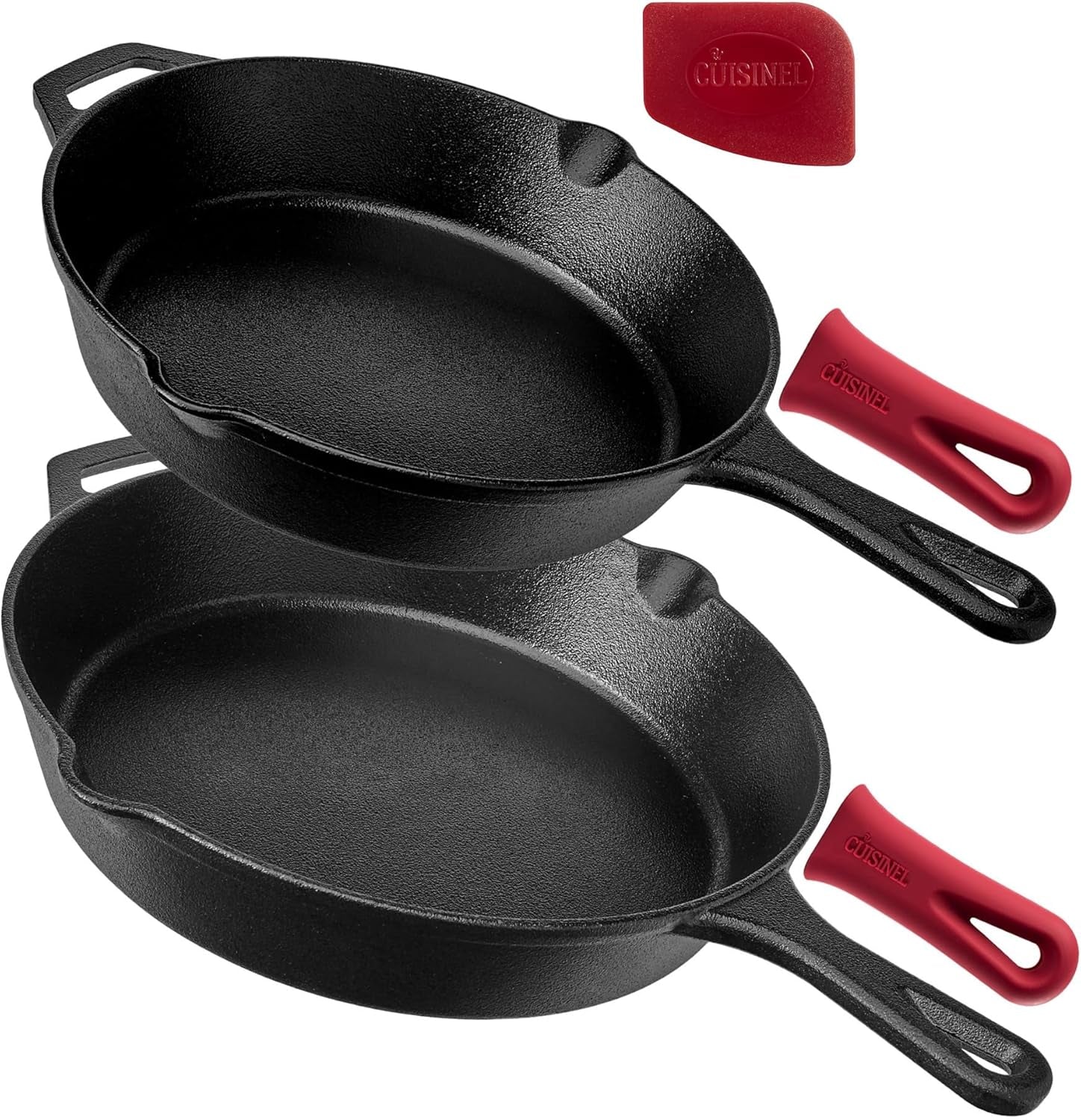 Cast Iron Skillet Set - 8"+10"+12"-Inch Dual Handle Frying Pans + Glass Lids + Silicone Handle Holder Covers - Pre-Seasoned Oven Safe Cookware - Indoor/Outdoor Use - Grill, Stovetop, Induction Safe