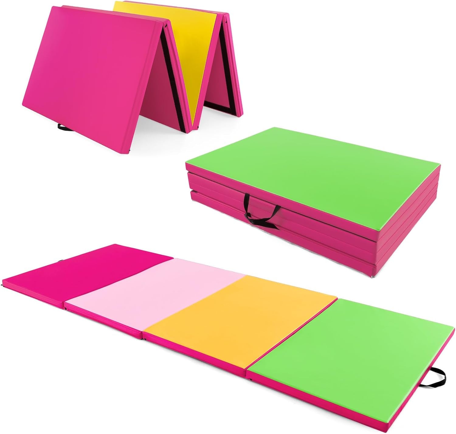4'X10'X 2" Gymnastics Mat, 4-Panel Folding Aerobics Exercise Mat W/Hook & Loop Fastener, Carrying Handle, Portable Tumbling Mat for Stretching Yoga Cheerleading Martial Arts