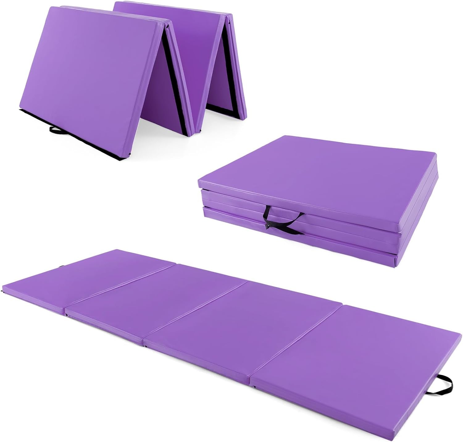 4'X10'X 2" Gymnastics Mat, 4-Panel Folding Aerobics Exercise Mat W/Hook & Loop Fastener, Carrying Handle, Portable Tumbling Mat for Stretching Yoga Cheerleading Martial Arts