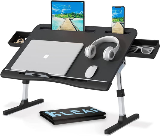 Laptop Des for Bed, Lap Dess Trays with Double Storage Drawers, Adjustable Premium Leather Laptop Stand with Extra Drawstring Bag, Foldable Lap Table for Eating, Woring, Writing and Drawing