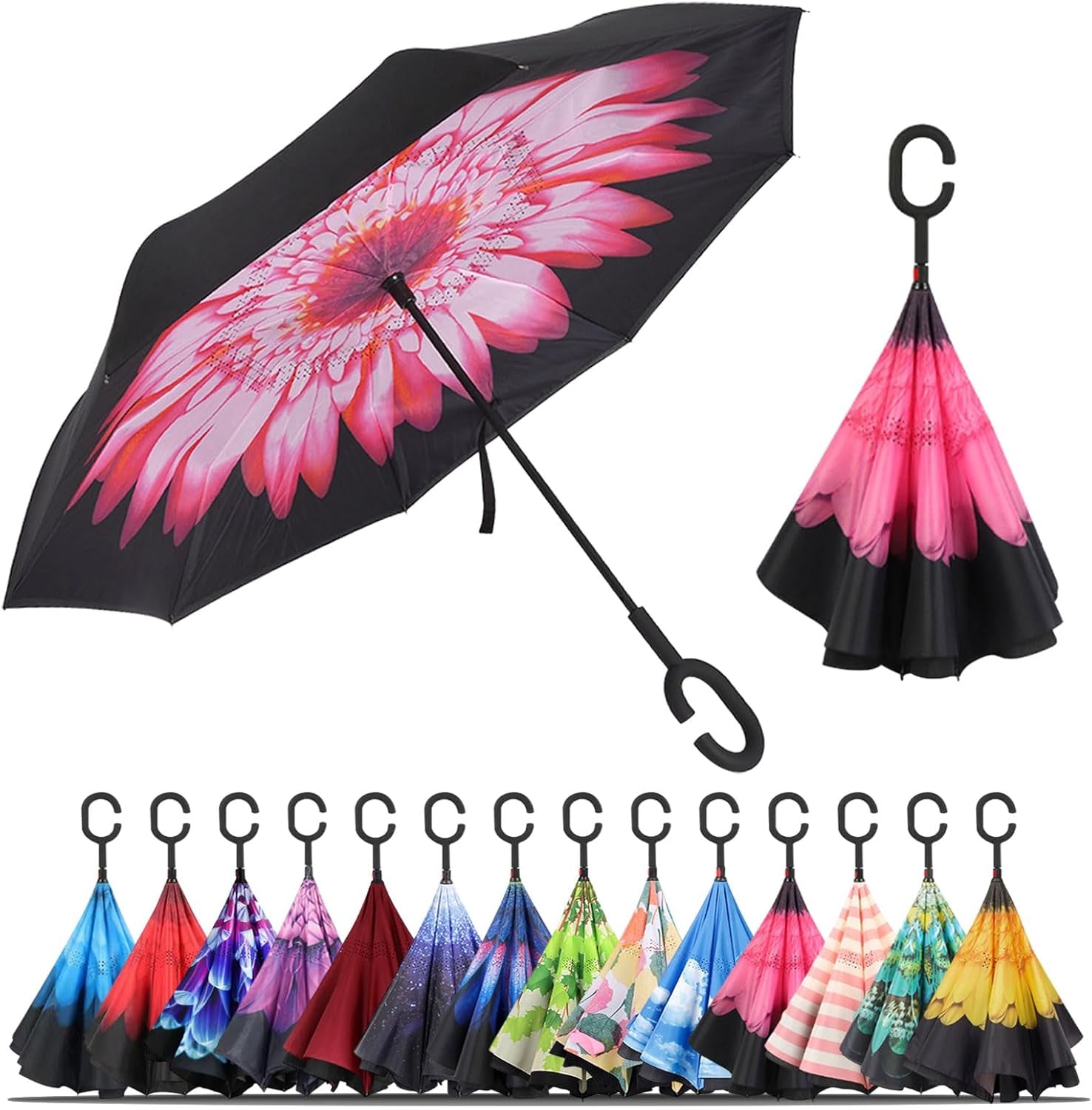 Windproof Inverted Umbrella, Large Reverse Umbrellas for Rain with C-Shaped Handle Big Upside down inside Out Umbrella for Women & Men