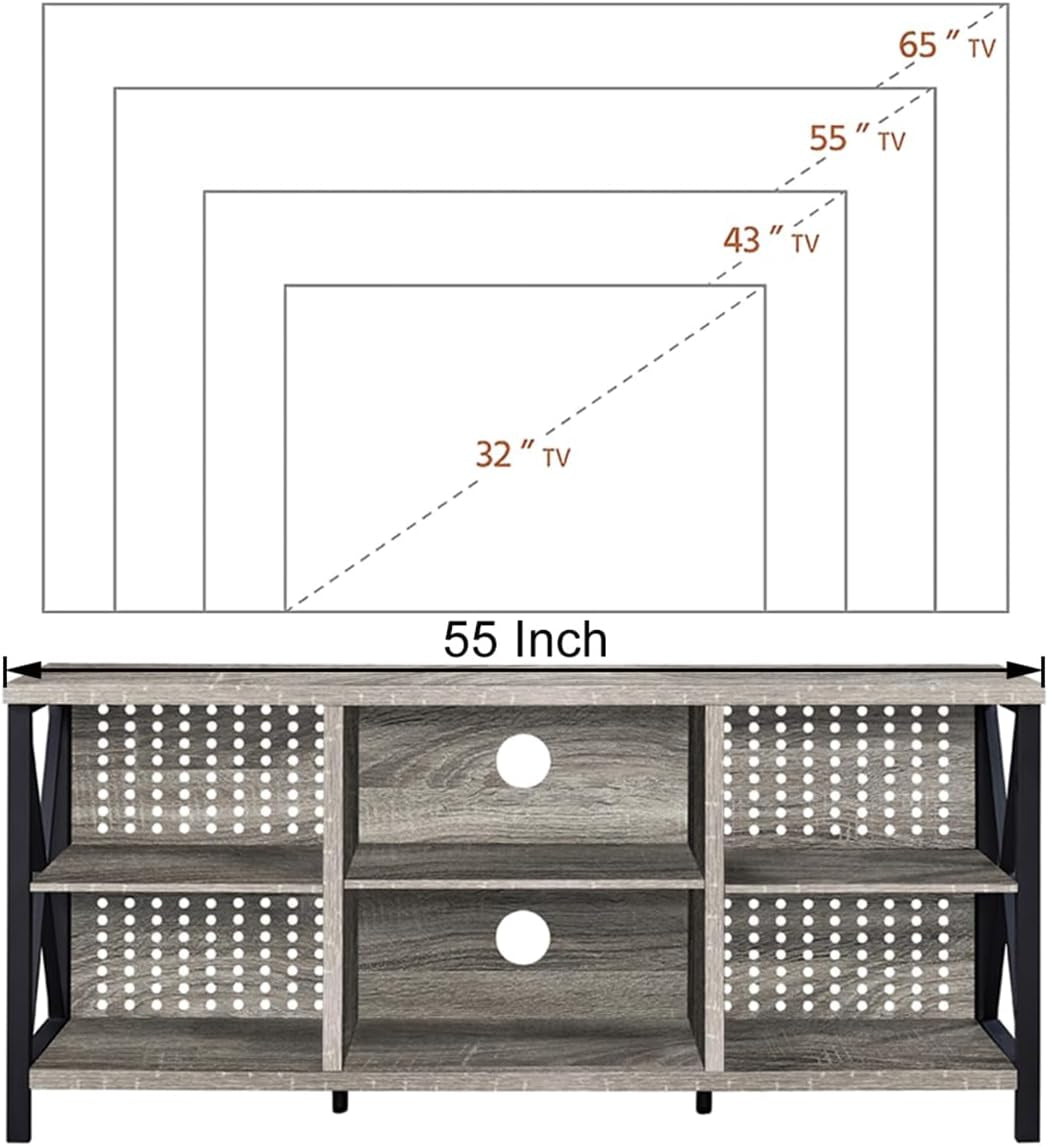 Rustic Entertainment Center for 65 Inch TV, Industrial Wood TV Stand with Media Cabinet Storage, Farmhouse Metal Television Stands Console Table for Home Living Bedroom, Light Grey Oak, 55 Inch