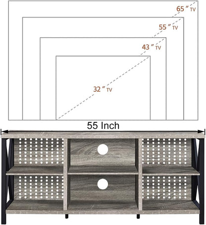 Rustic Entertainment Center for 65 Inch TV, Industrial Wood TV Stand with Media Cabinet Storage, Farmhouse Metal Television Stands Console Table for Home Living Bedroom, Light Grey Oak, 55 Inch