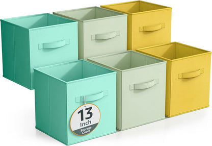 Storage Cubes - 11" Foldable Storage Bins with Handle for Nursery, Playroom, Closet Organizers and Storage - 6 Fabric Shelf Basket for Toys, Books, Clothes - Yellow Navy & Red Storage Bins