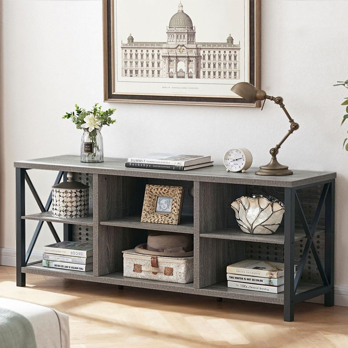 Rustic Entertainment Center for 65 Inch TV, Industrial Wood TV Stand with Media Cabinet Storage, Farmhouse Metal Television Stands Console Table for Home Living Bedroom, Light Grey Oak, 55 Inch
