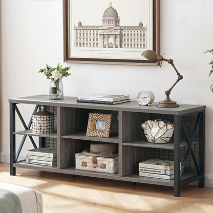 Rustic Entertainment Center for 65 Inch TV, Industrial Wood TV Stand with Media Cabinet Storage, Farmhouse Metal Television Stands Console Table for Home Living Bedroom, Light Grey Oak, 55 Inch