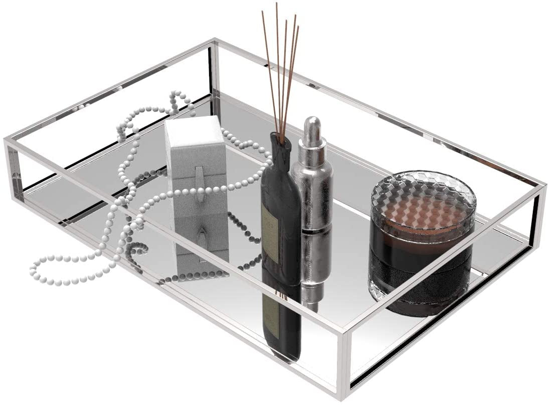 Clear Trays for Organizing,Gold Mirror Tray for Room Decor,Exquisite Perfume Tray,Makeup,Jewelry,Vanity,Dresser Top Perfume Organizer,Clear Rectangle Container and Storage Organizer for Bathroom