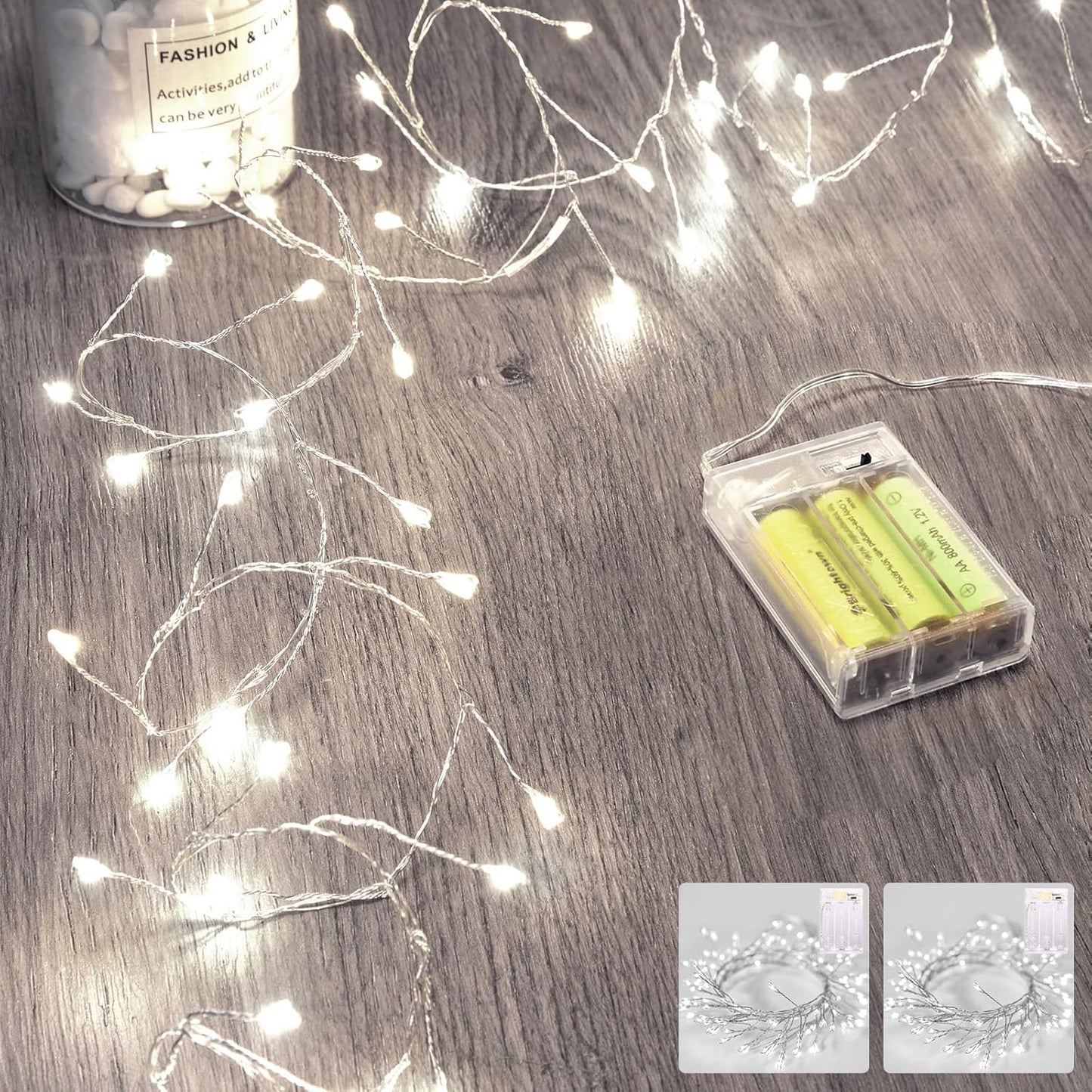 Outdoor Fairy Firecracker Lights Battery Operated, 5 Feet 60 Leds Twinkle String Lights with Remote, 2 Pack Starry Lights for DIY Wreath Wedding Party Bedroom Mason Jar Holiday Christmas, Pure White