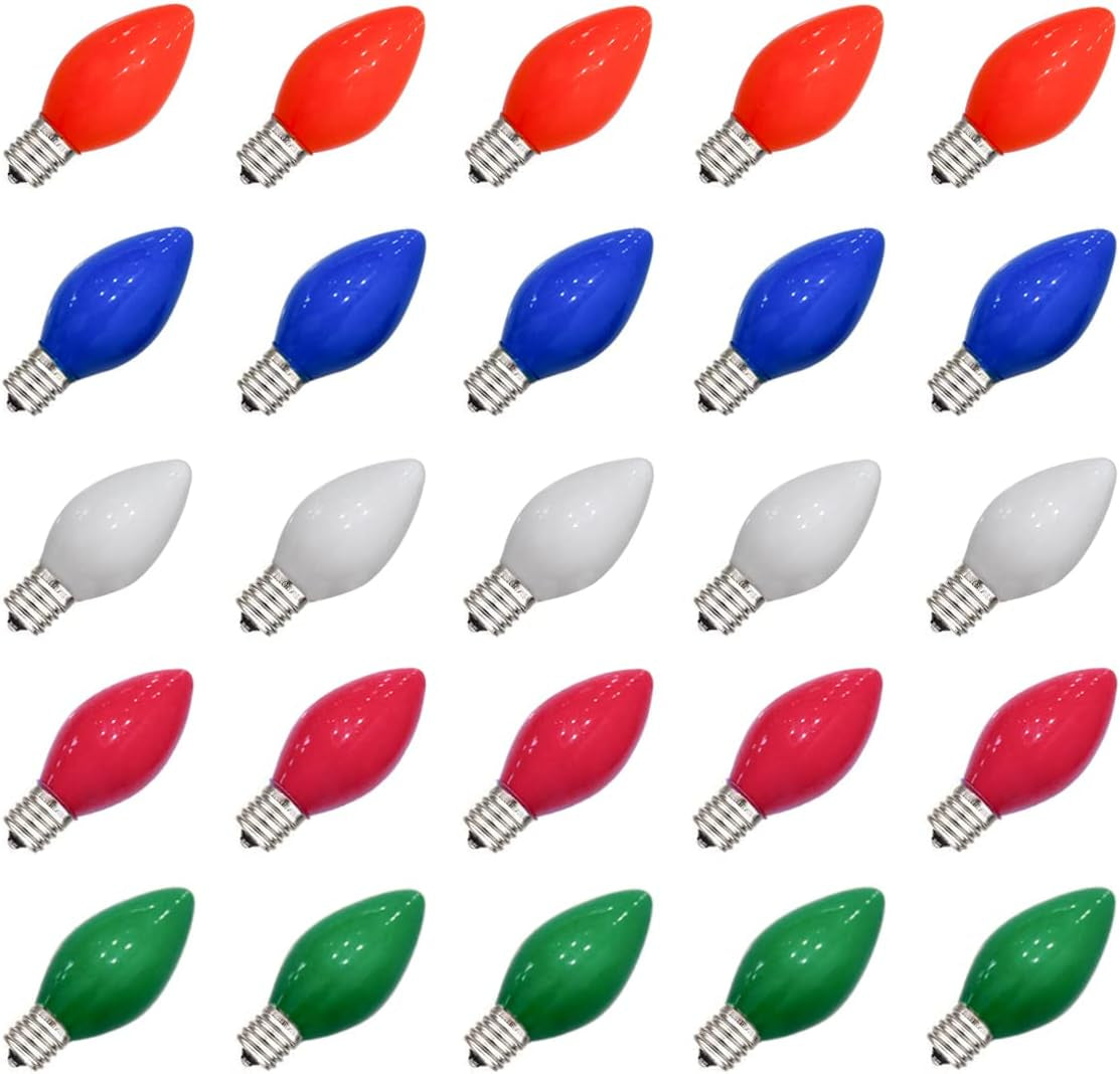 25 Pack C7 Multicolor Christmas Replacement Bulbs, Vintage Multicolor Ceramic Light Bulbs for C7 Christmas String Lights, E12/C7 Candelabra Base, 5 Watt