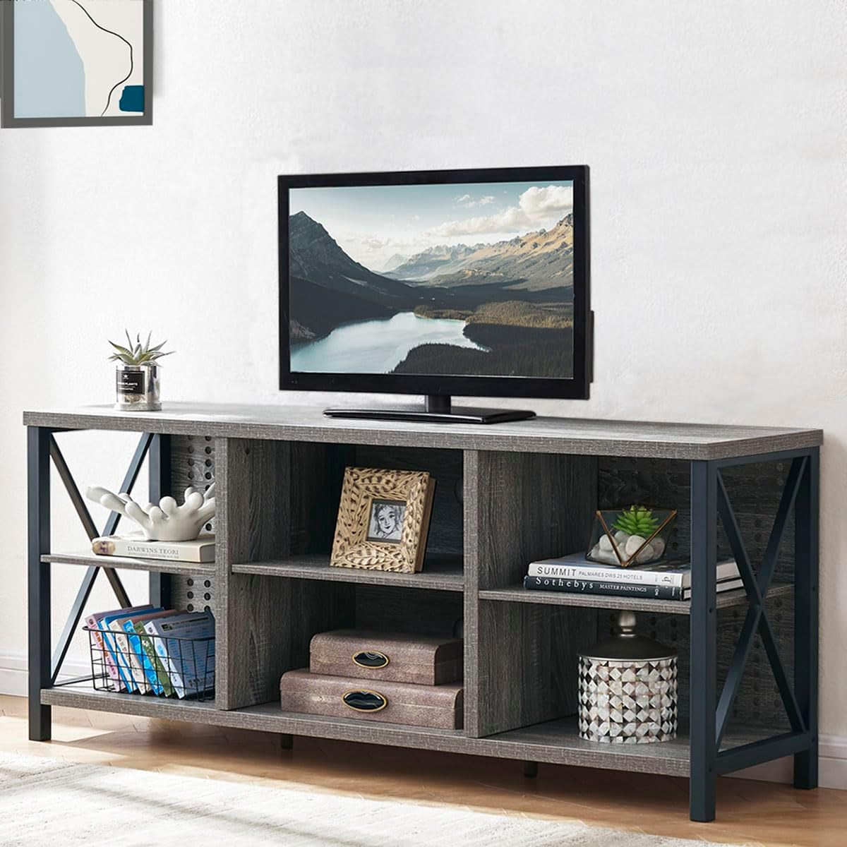 Rustic Entertainment Center for 65 Inch TV, Industrial Wood TV Stand with Media Cabinet Storage, Farmhouse Metal Television Stands Console Table for Home Living Bedroom, Light Grey Oak, 55 Inch