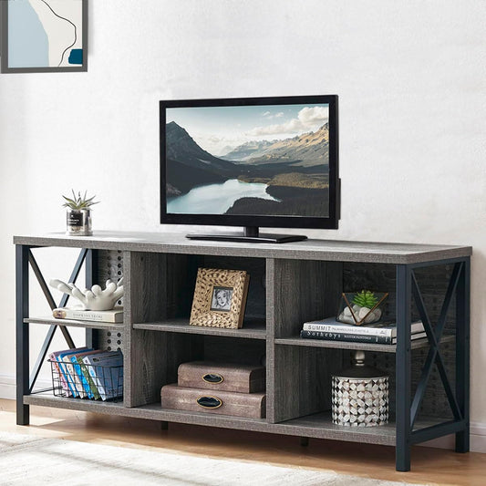 Rustic Entertainment Center for 65 Inch TV, Industrial Wood TV Stand with Media Cabinet Storage, Farmhouse Metal Television Stands Console Table for Home Living Bedroom, Light Grey Oak, 55 Inch