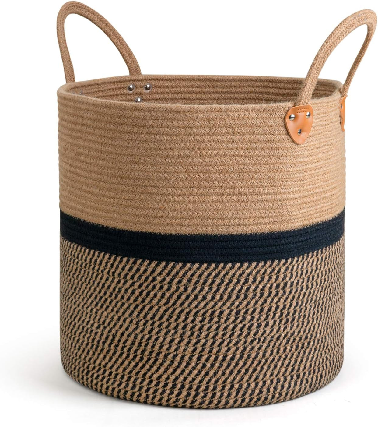 Extra Large Jute Woven Storage Basket with Handles – Laundry Basket Toy Towels Blanket Basket Home Decor Gift, 16" X 16", Black