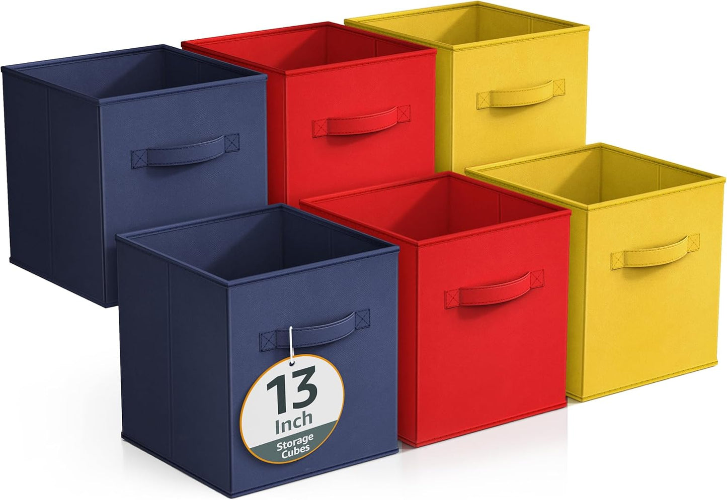 Storage Cubes - 11" Foldable Storage Bins with Handle for Nursery, Playroom, Closet Organizers and Storage - 6 Fabric Shelf Basket for Toys, Books, Clothes - Yellow Navy & Red Storage Bins
