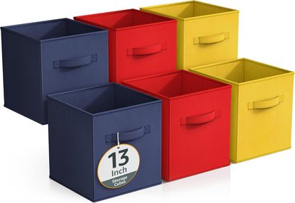 Storage Cubes - 11" Foldable Storage Bins with Handle for Nursery, Playroom, Closet Organizers and Storage - 6 Fabric Shelf Basket for Toys, Books, Clothes - Yellow Navy & Red Storage Bins