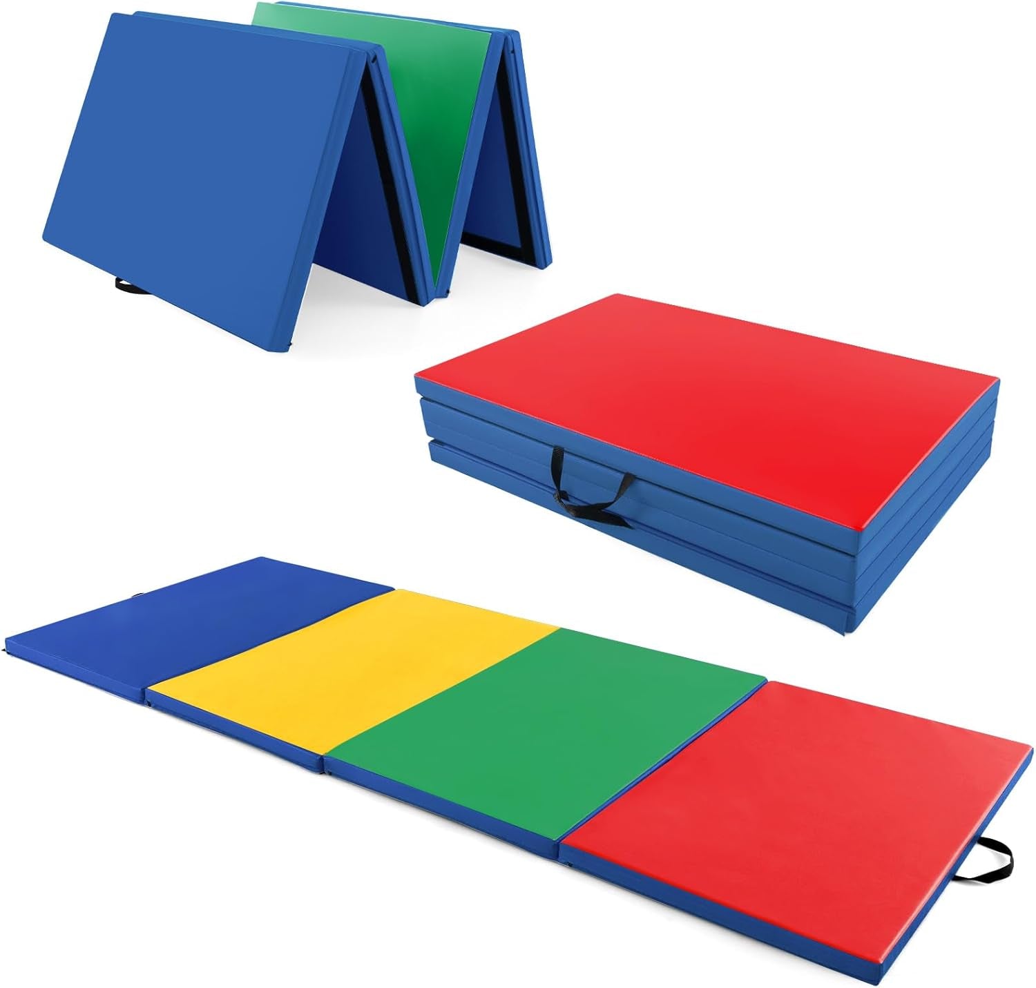 4'X10'X 2" Gymnastics Mat, 4-Panel Folding Aerobics Exercise Mat W/Hook & Loop Fastener, Carrying Handle, Portable Tumbling Mat for Stretching Yoga Cheerleading Martial Arts